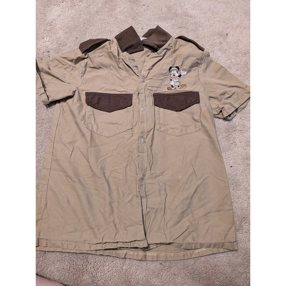 Disney Parks Mickey Mouse Safari Khaki Button Up Shirt Kids Size 7/8 Brown Trim